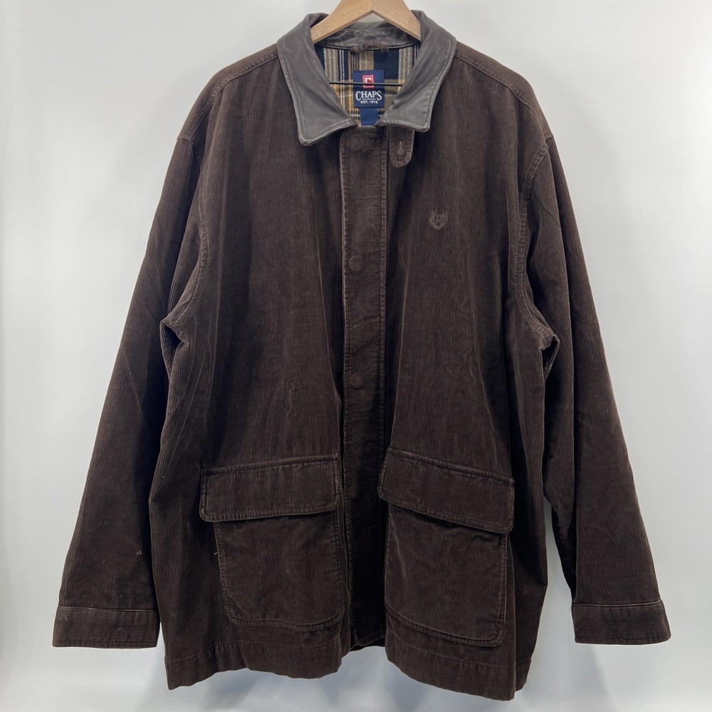 Chaps Ralph Lauren Chore Jacket Men 2XL Brown Corduroy Real Leather Collar